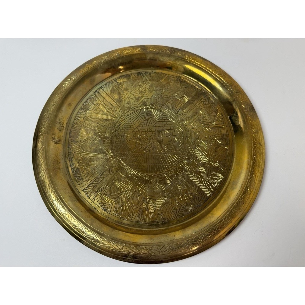 Brass Etched Dish Plate Egyptian Theme Pyramids Wall Hanging Decor Vintage